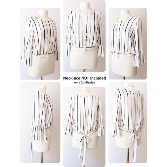 Last☝️ Ivory Navy Striped Tie Back Crop Blouse Top - Picture 4 of 8